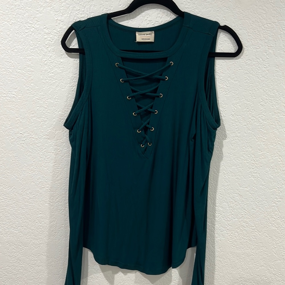 Teal ribbed, off the shoulder, lace up top